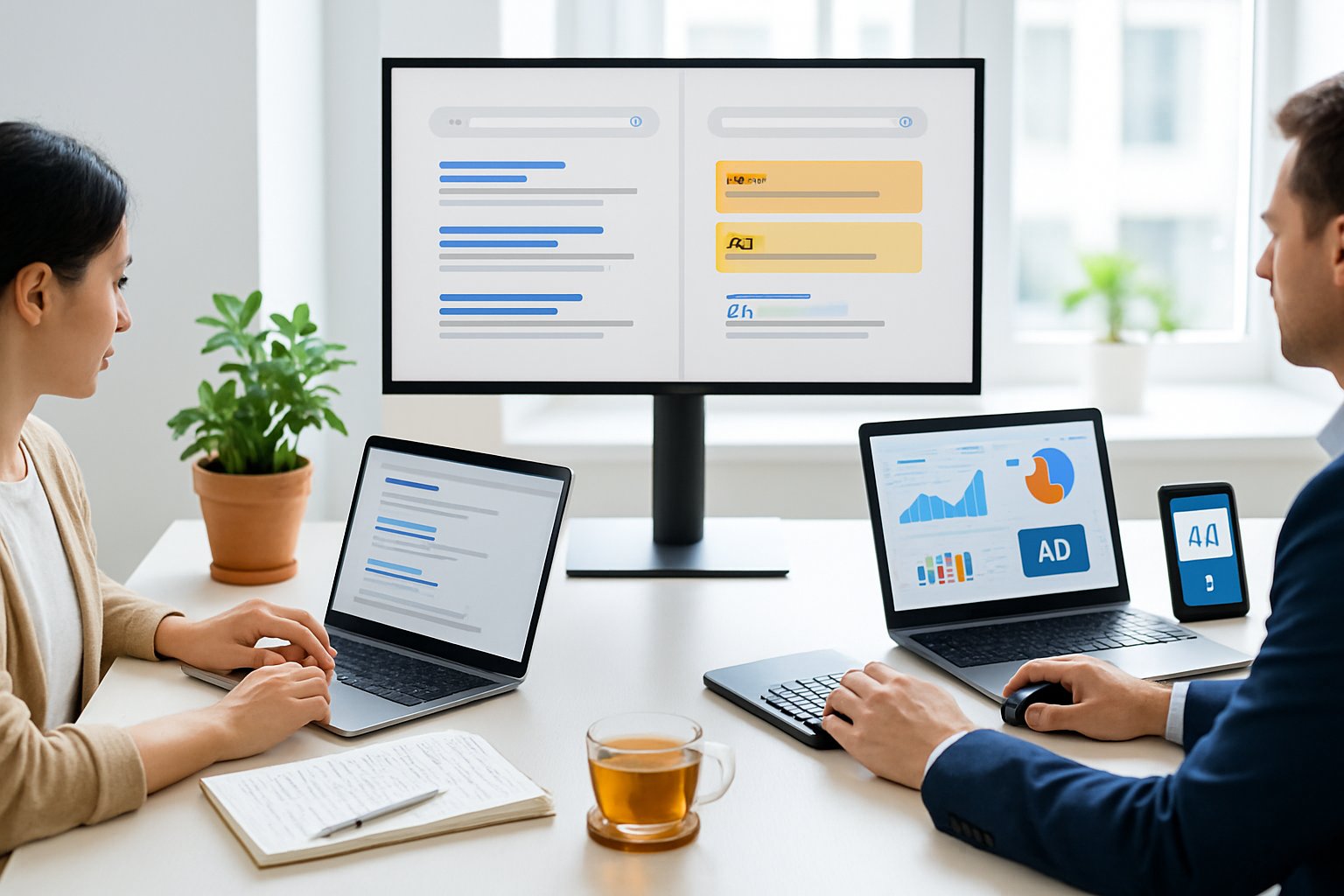 Two people working side by side in an office, one with natural elements around a laptop and the other with digital devices showing charts, representing organic search and paid search.