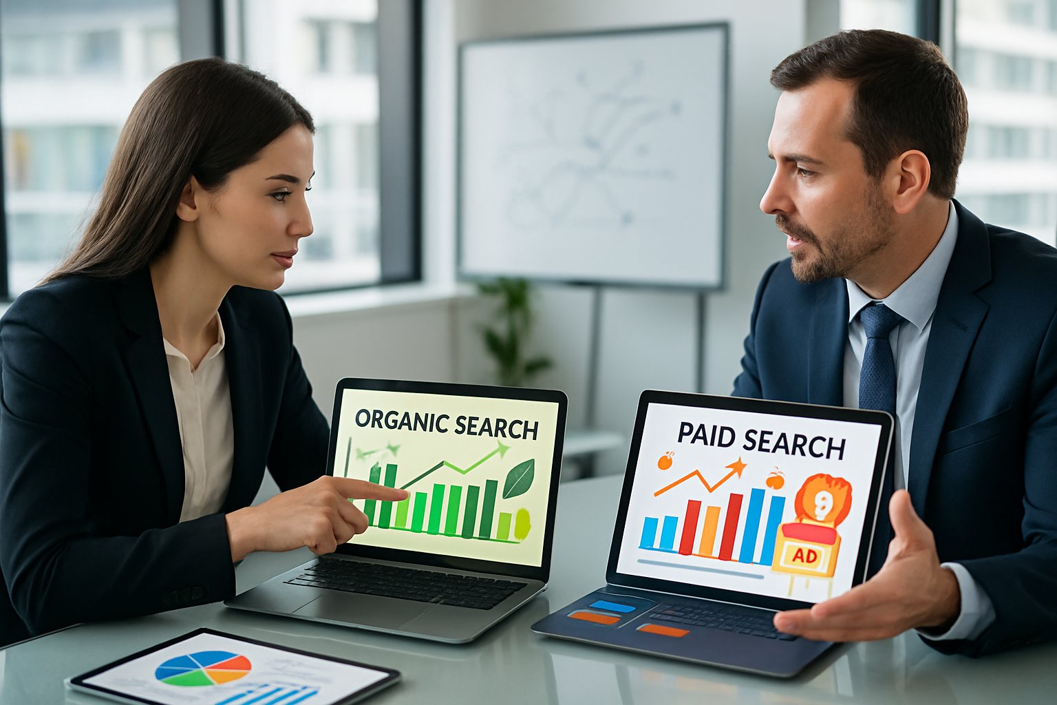 Two business professionals discussing digital marketing strategies with laptops and tablets showing charts in a modern office.