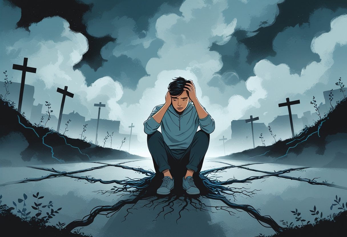 A person sitting at a crossroads looking worried and contemplative, surrounded by tangled roots and shadows representing difficulty and uncertainty about the future.