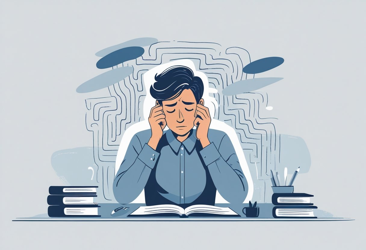 A person sitting at a desk looking thoughtful and anxious, surrounded by abstract shapes representing confusion and worry about the future.