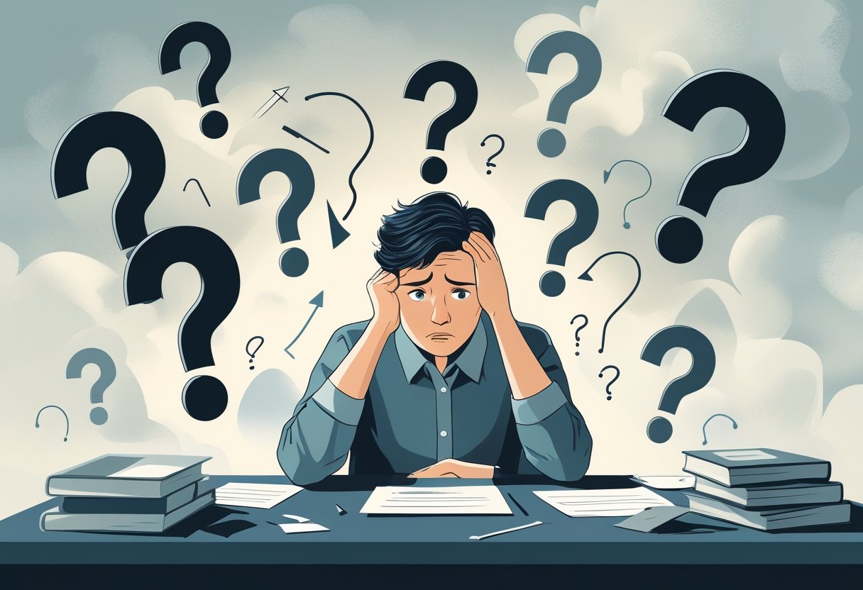 A person sitting at a desk looking worried and surrounded by floating question marks and arrows pointing in different directions, conveying feelings of confusion and anxiety.