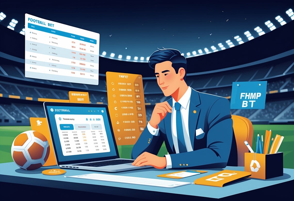 Seseorang sedang merencanakan dan membuat taruhan sepak bola dengan laptop dan alat perencanaan di meja.