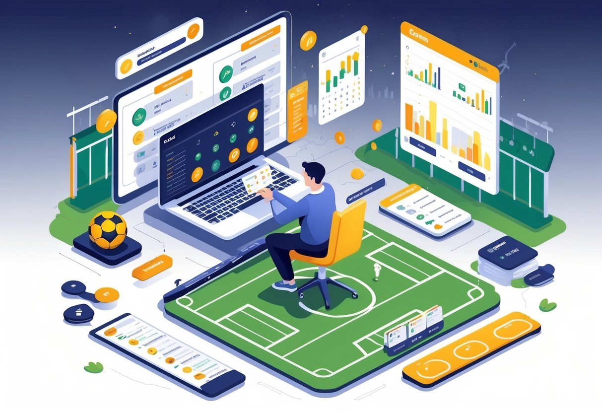 Seseorang duduk di meja dengan laptop dan grafik, merencanakan taruhan pertandingan sepak bola dengan gambar lapangan sepak bola dan bola di sekitarnya.