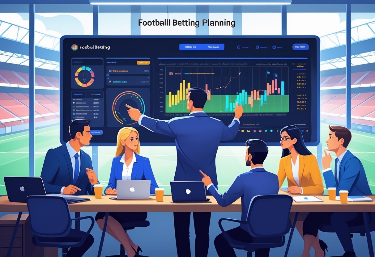 Beberapa orang sedang berdiskusi serius di ruang kerja dengan layar besar yang menampilkan statistik dan diagram pertandingan sepak bola, di latar belakang terlihat stadion sepak bola.