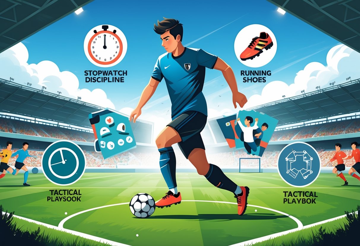 Seorang pemain sepak bola muda sedang menggiring bola di lapangan hijau dengan lima ikon yang melambangkan latihan, nutrisi, kebugaran, strategi, dan kerja sama tim di sekitarnya.