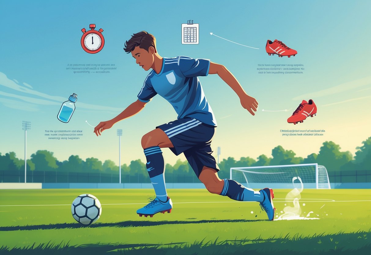 Seorang pemain sepak bola muda sedang berlatih menggiring bola di lapangan hijau dengan gerakan dinamis dan fokus.