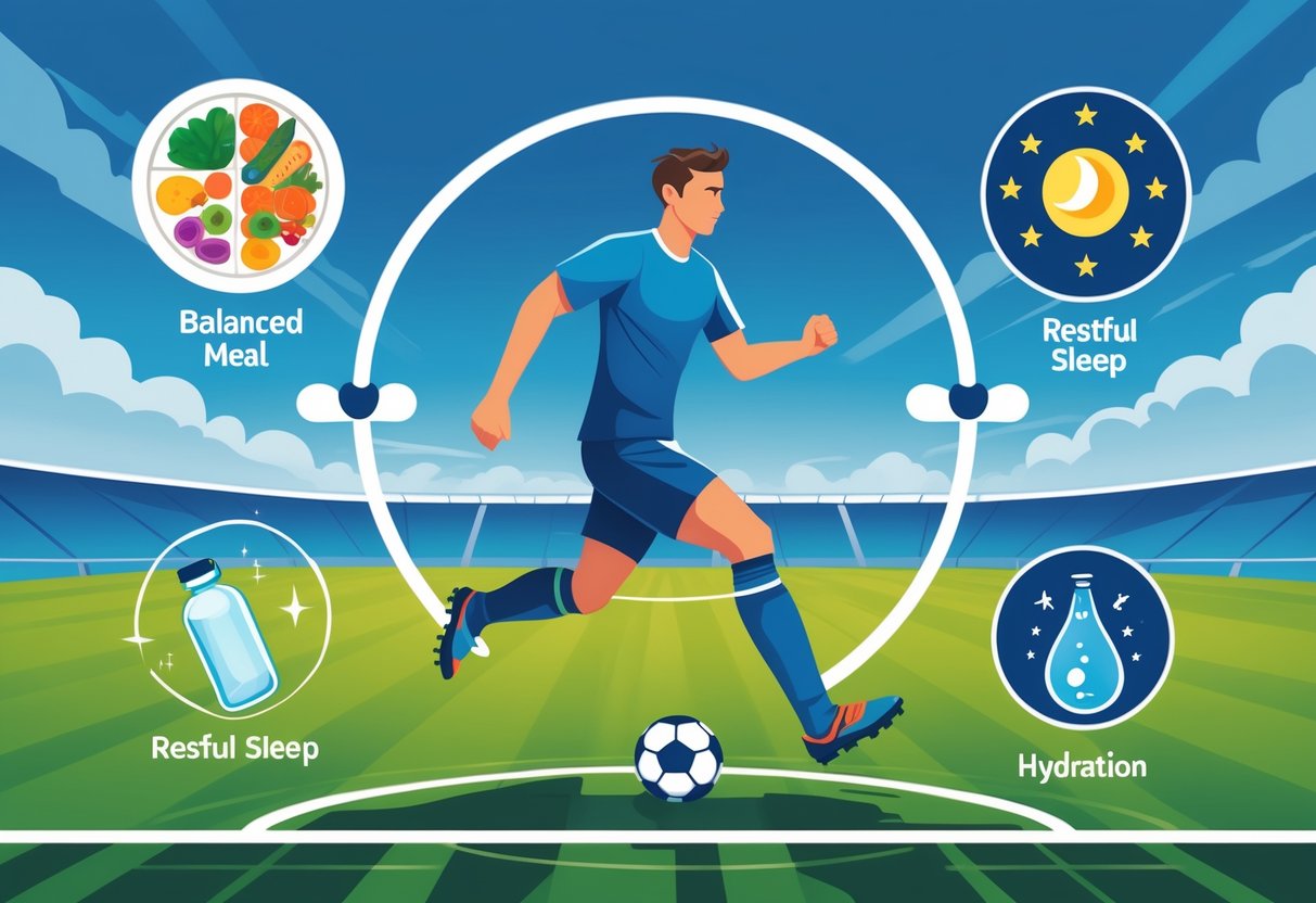 Seorang pemain sepak bola sedang beraksi di lapangan hijau dengan lima simbol di sekitarnya yang mewakili nutrisi, latihan, istirahat, hidrasi, dan fokus mental untuk meningkatkan performa fisik dan kesehatan.