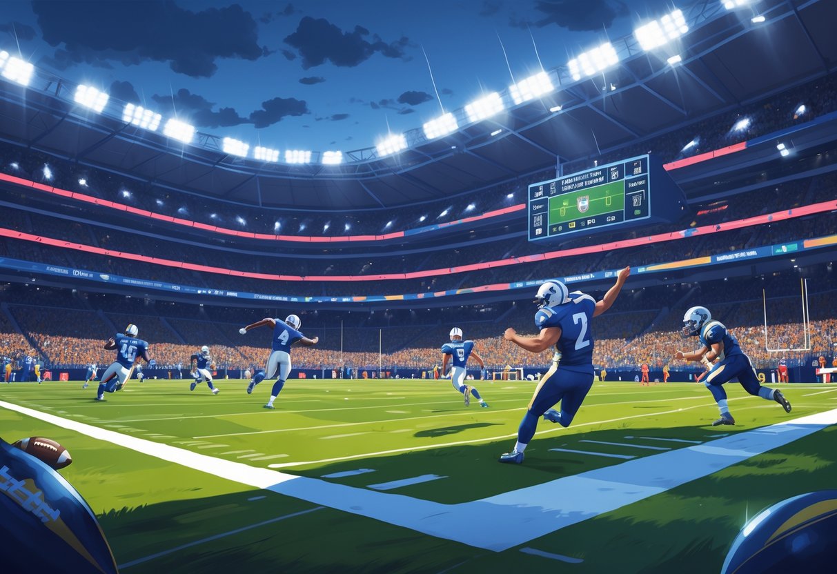 Pertandingan sepak bola playoff sedang berlangsung di stadion dengan pemain yang beraksi dan penonton yang antusias.