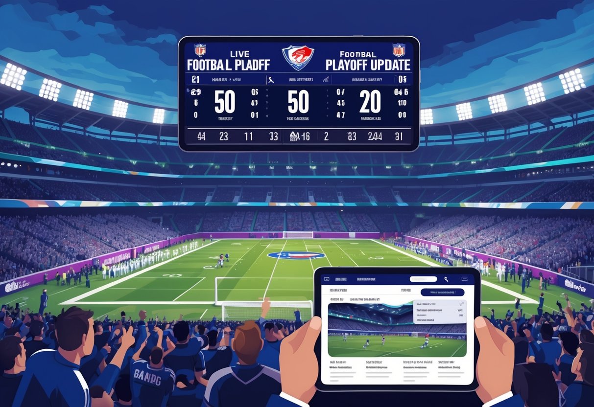 Suasana stadion sepak bola dengan papan skor digital dan perangkat yang menampilkan pembaruan waktu nyata selama pertandingan playoff sepak bola.