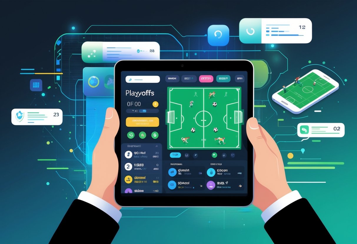 Ilustrasi seseorang memegang perangkat digital yang menampilkan pembaruan skor sepak bola langsung dalam pertandingan playoff.