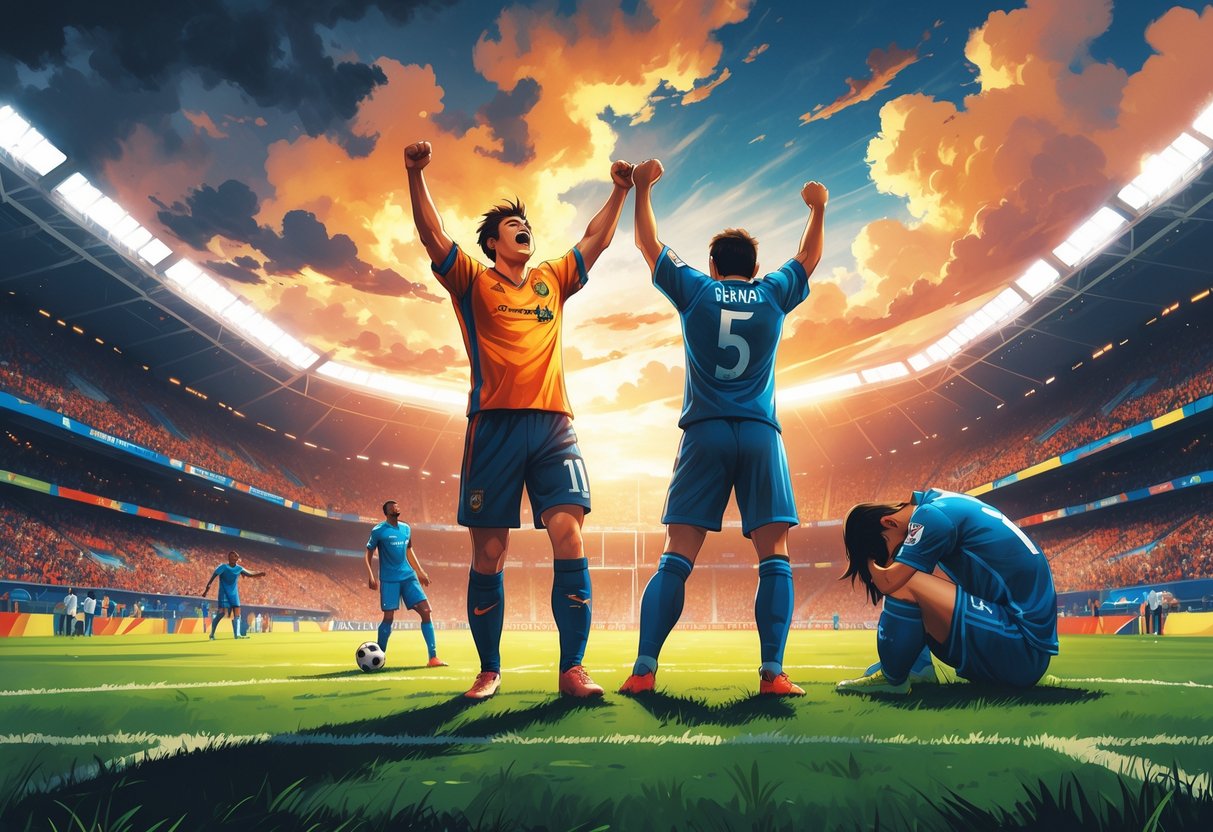 Dua pemain sepak bola di lapangan, satu merayakan kemenangan dengan tangan terangkat, satu duduk dengan kepala tertunduk, latar belakang stadion penuh penonton dan lampu terang.