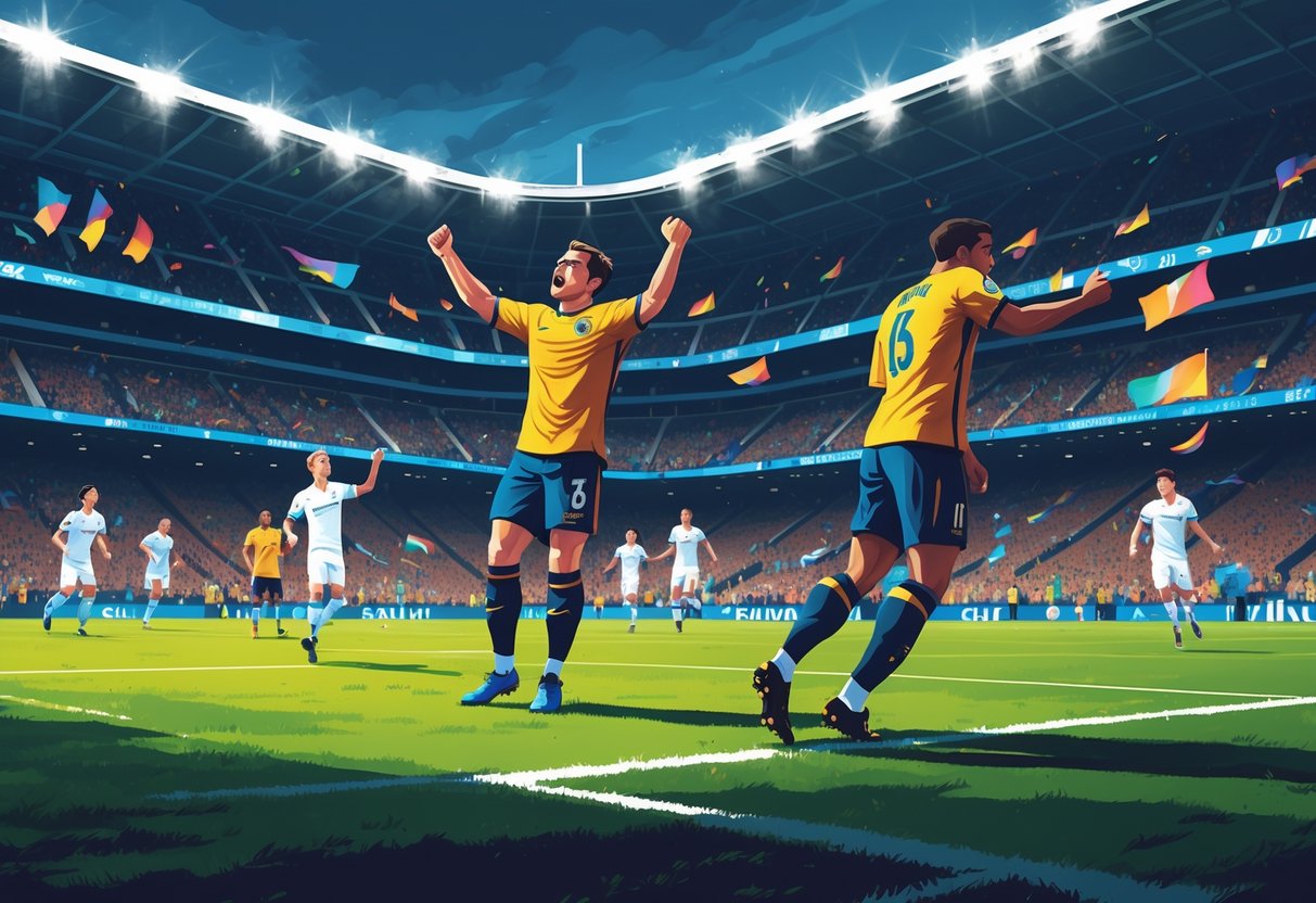 Dua tim sepak bola sedang bertanding, satu pemain merayakan gol dengan gembira sementara pemain lawan tampak kecewa di lapangan yang ramai dengan penonton.