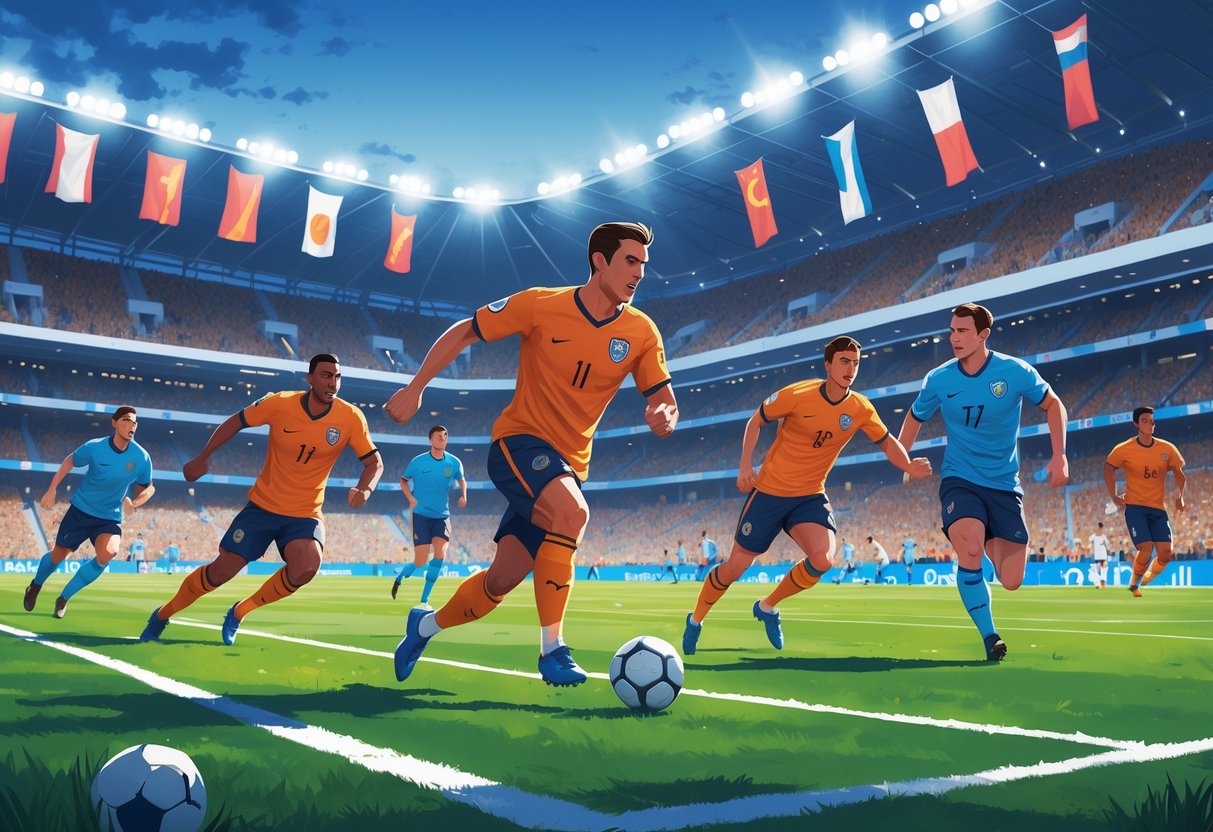 Adegan pertandingan sepak bola yang intens dengan pemain mengejar bola dan kerumunan penonton yang semangat di stadion.