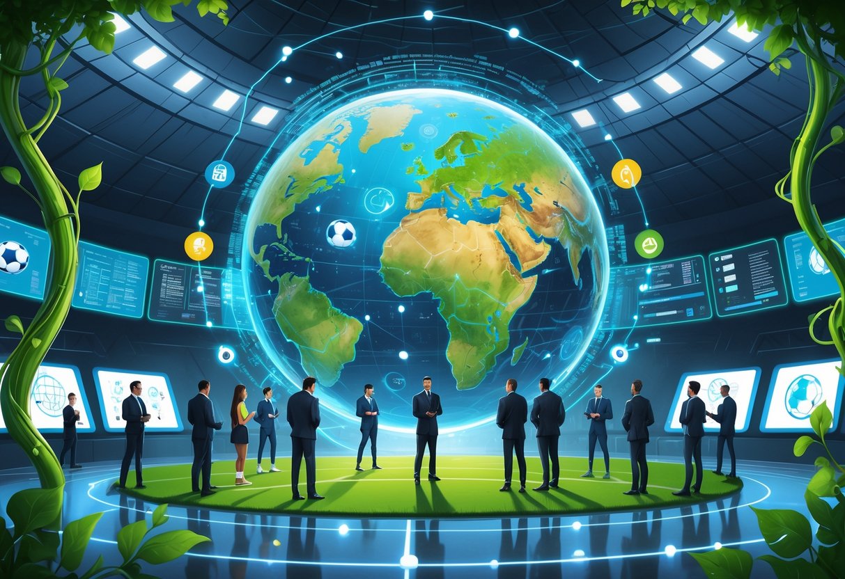 Suasana konferensi sepak bola dengan pemain dan pelatih berdiskusi di sekitar globe holografik yang menampilkan berbagai benua, dikelilingi elemen organik dan ikon sepak bola.
