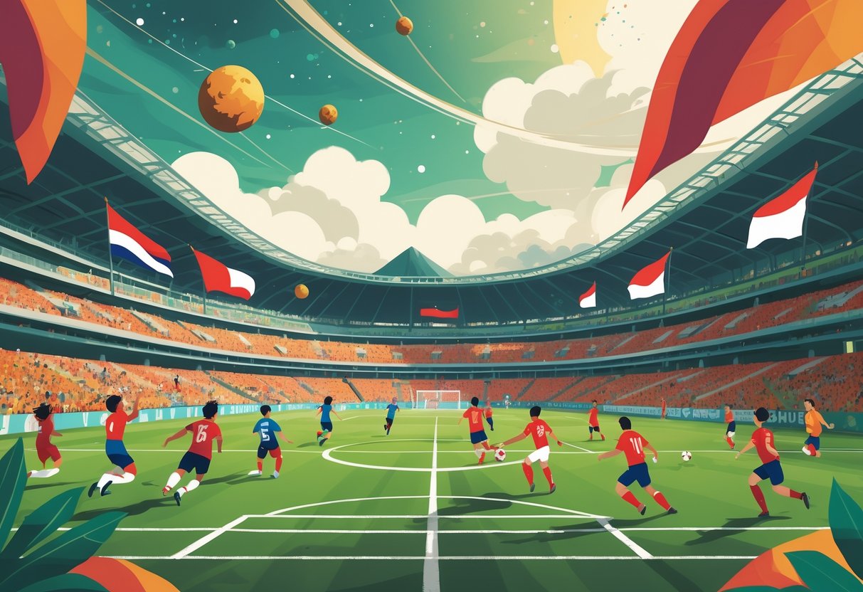 Stadion sepak bola dengan pemain yang sedang bermain dan penonton yang antusias, dengan latar belakang elemen planet dan landmark Indonesia.