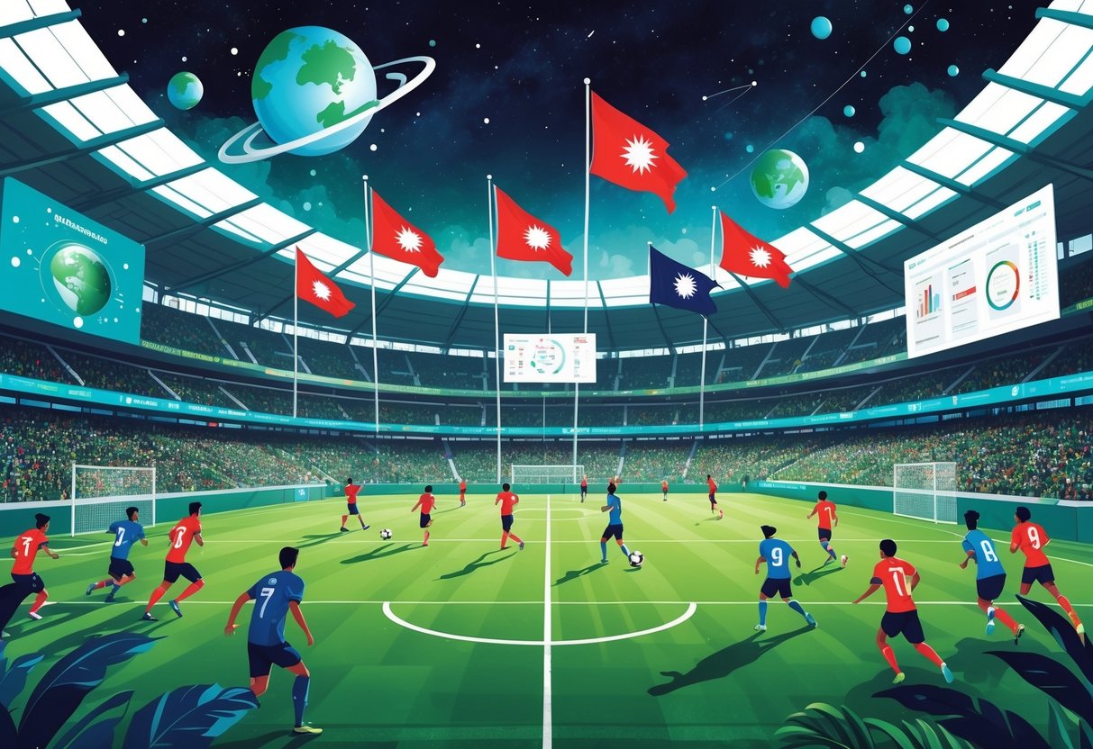 Ilustrasi stadion sepak bola penuh penonton dengan pemain yang sedang bermain, latar belakang menampilkan elemen planet dan suasana konferensi olahraga.