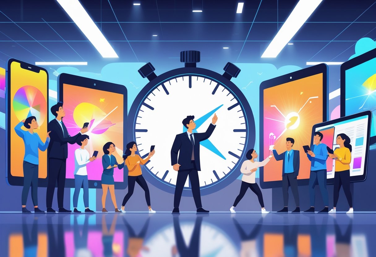 People quickly reacting with surprise and interest to vibrant visuals on digital devices, with a subtle stopwatch symbol in the background.