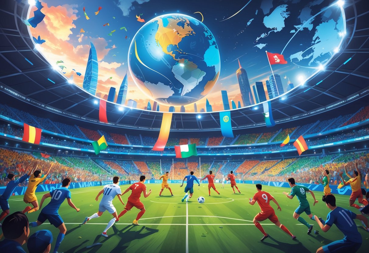 Stadion sepak bola besar dengan penonton beragam yang antusias, pemain sepak bola dari berbagai negara sedang bertanding di lapangan, dengan latar belakang landmark dunia yang menunjukkan persatuan internasional.