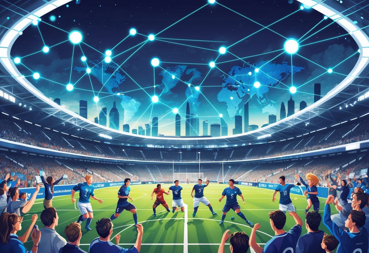 Stadion sepak bola modern penuh penonton yang antusias dengan pemain sepak bola beraksi dan garis jaringan digital yang menghubungkan konferensi sepak bola di seluruh dunia.