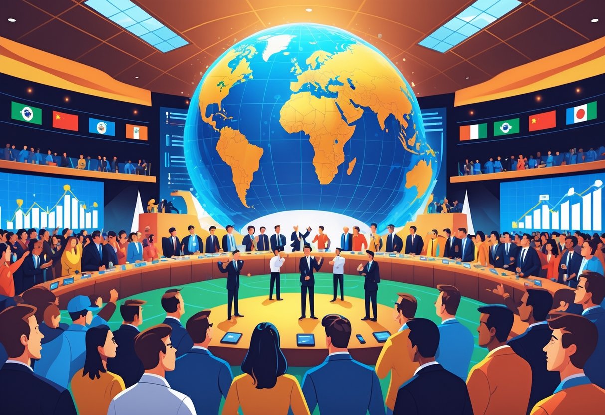 Suasana konferensi sepak bola internasional dengan peserta dari berbagai negara berdiskusi di sebuah aula besar, latar belakang menampilkan globe digital dan simbol budaya serta ekonomi yang menggambarkan perubahan sosial dan ekonomi.