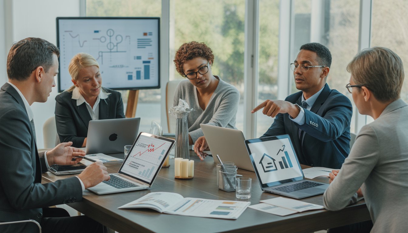 A group of people in an office discussing real estate investment strategies around a table with laptops and documents.