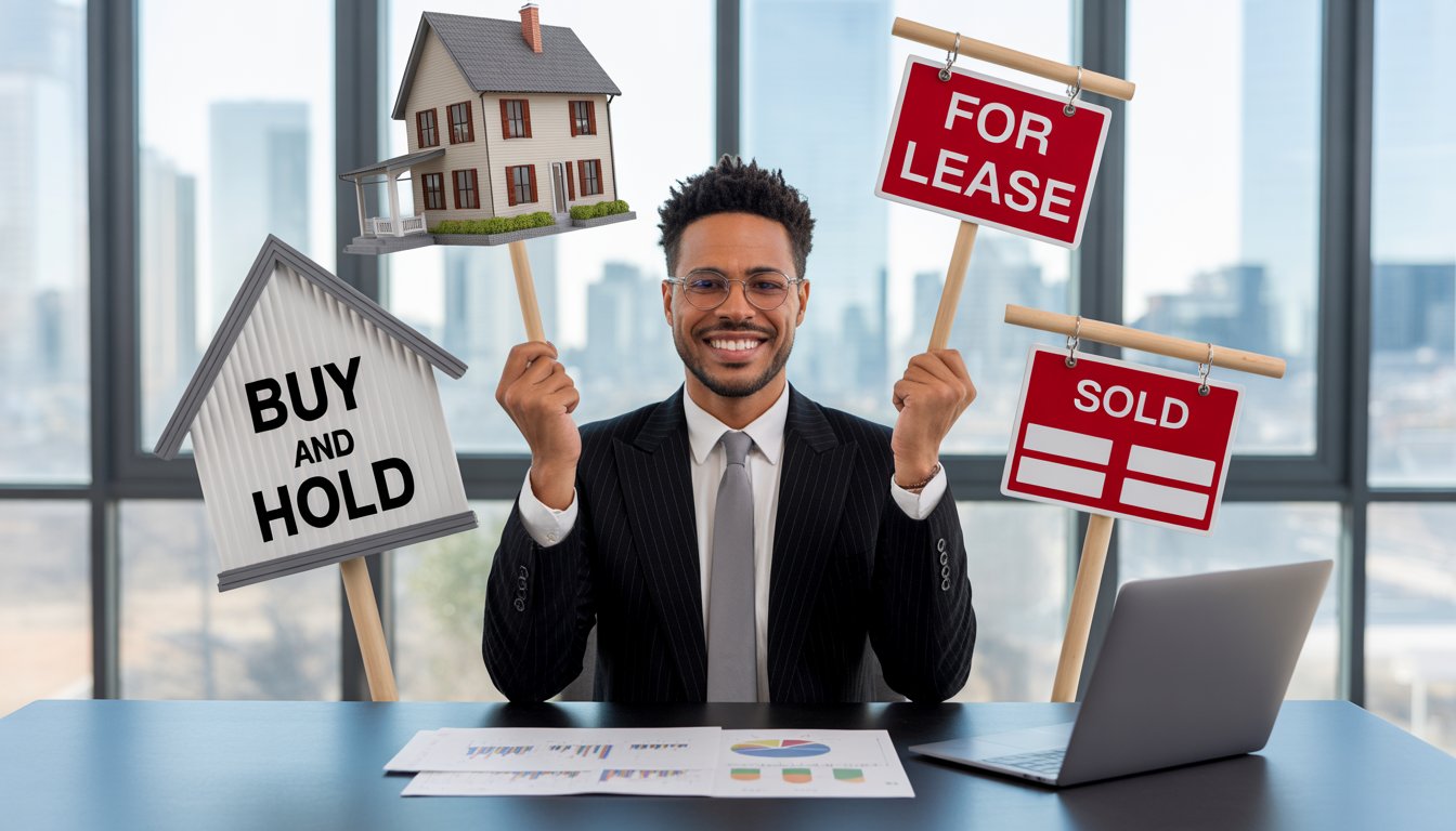 A businessperson at a desk reviewing property investment strategies with house models and lease and sold signs nearby.