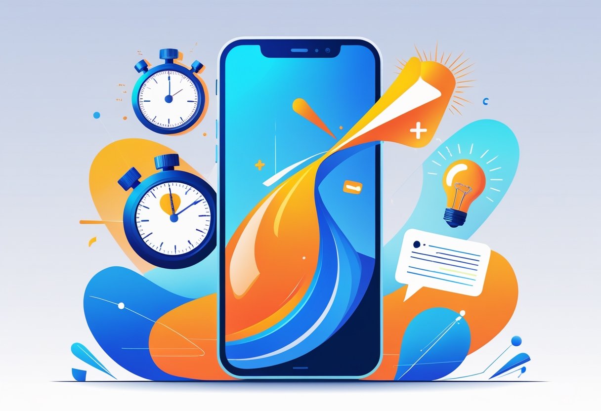 A smartphone with vibrant icons of a stopwatch, magnet, and lightbulb floating around it, symbolizing quick and creative attention-grabbing content.