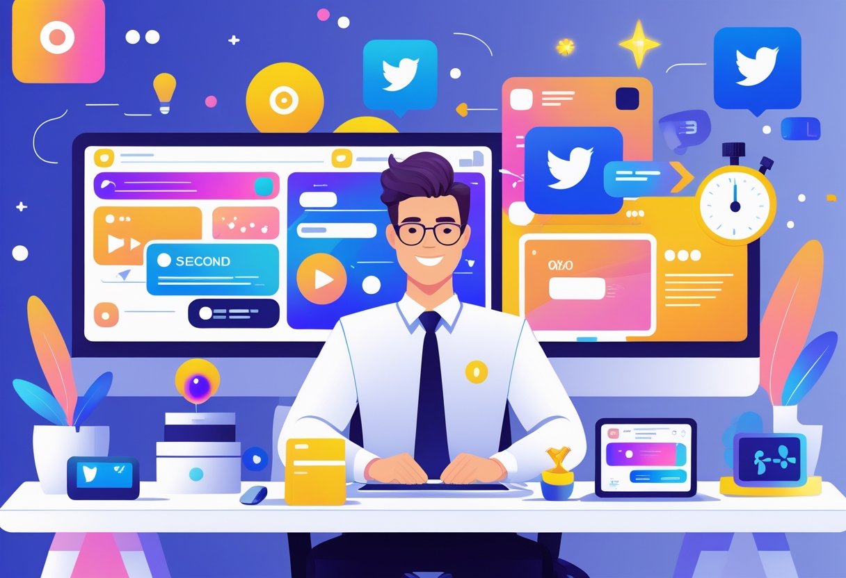 A creative professional working at a desk with multiple screens showing colorful social media visuals and a stopwatch symbolizing quick engagement.