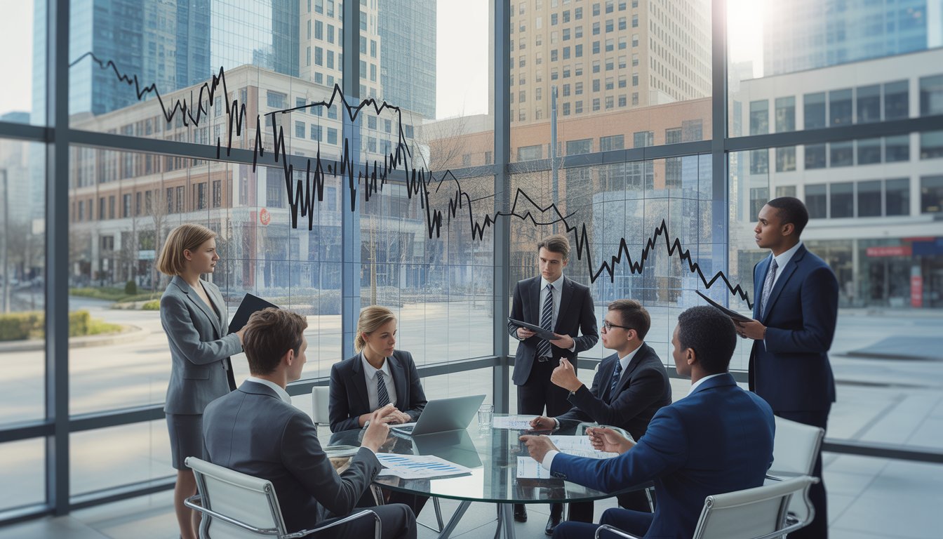 Business professionals discussing financial data in a modern urban commercial district with office buildings and digital graphs in the background.