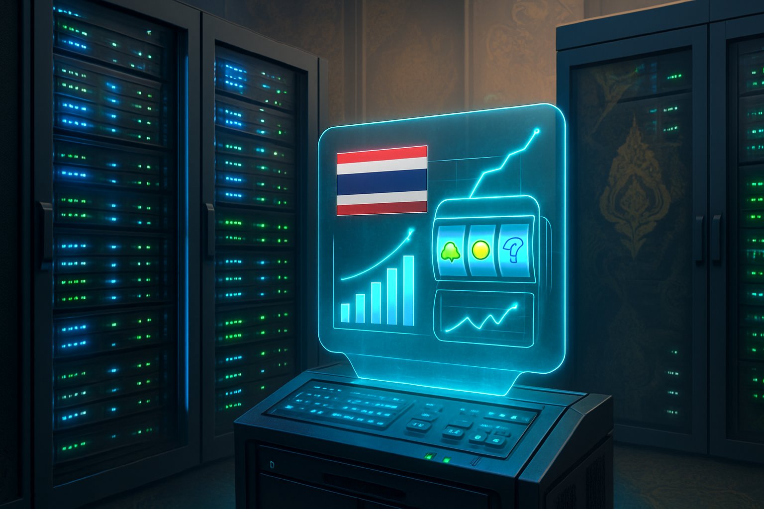 Ruang server modern dengan rak server bercahaya dan tampilan holografik yang menunjukkan grafik dan ikon mesin slot, dengan elemen budaya Thailand di latar belakang.