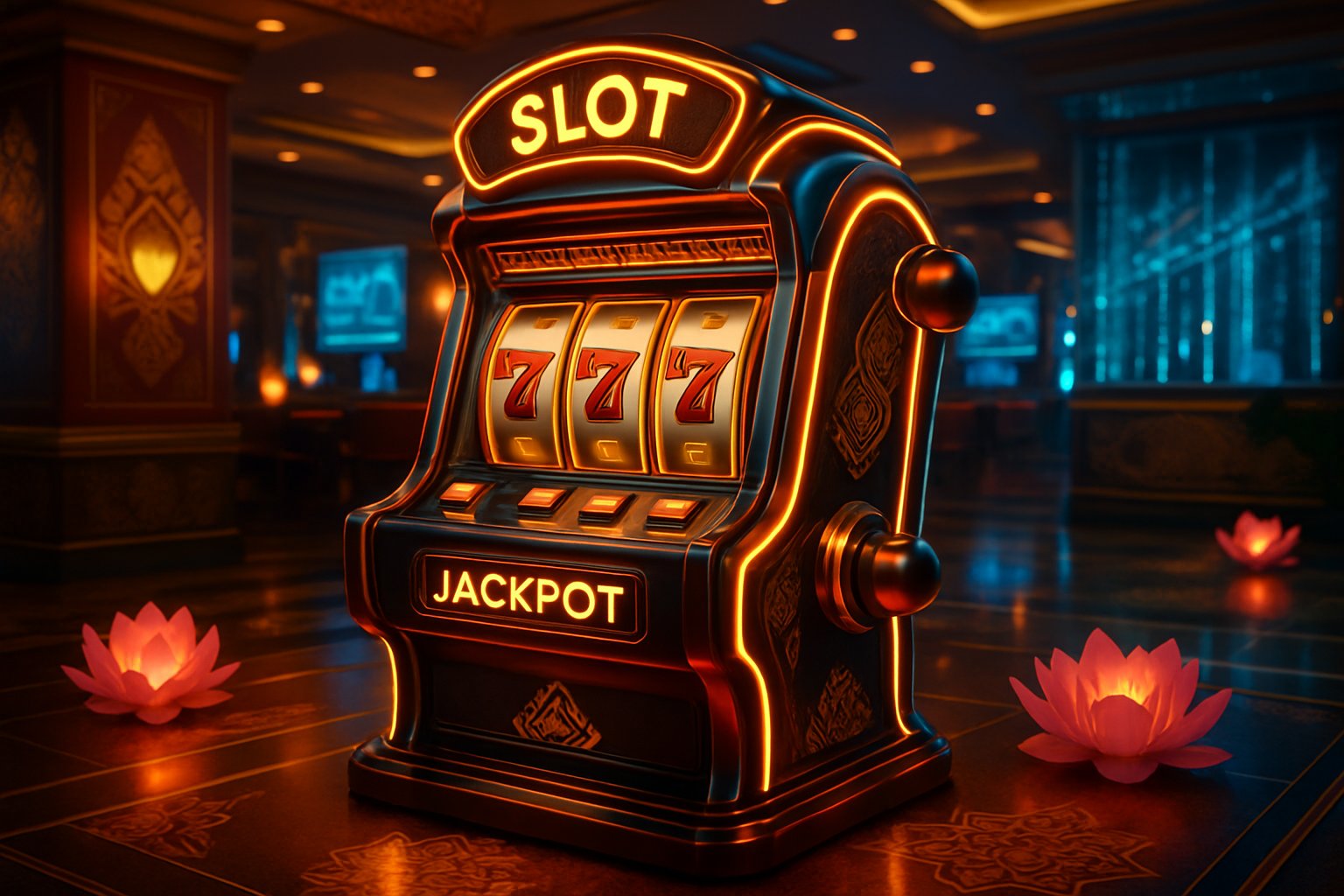 Mesin slot modern di kasino dengan dekorasi dan elemen tradisional Thailand yang menunjukkan pengalaman bermain yang stabil dan peluang menang yang lebih besar.