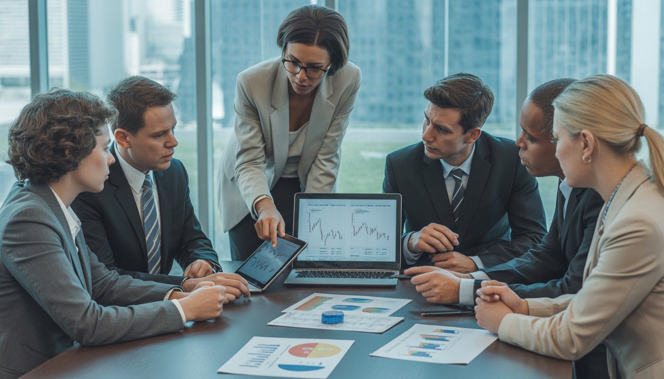 A group of business professionals discussing financial documents and property data around a conference table in an office with a city view.