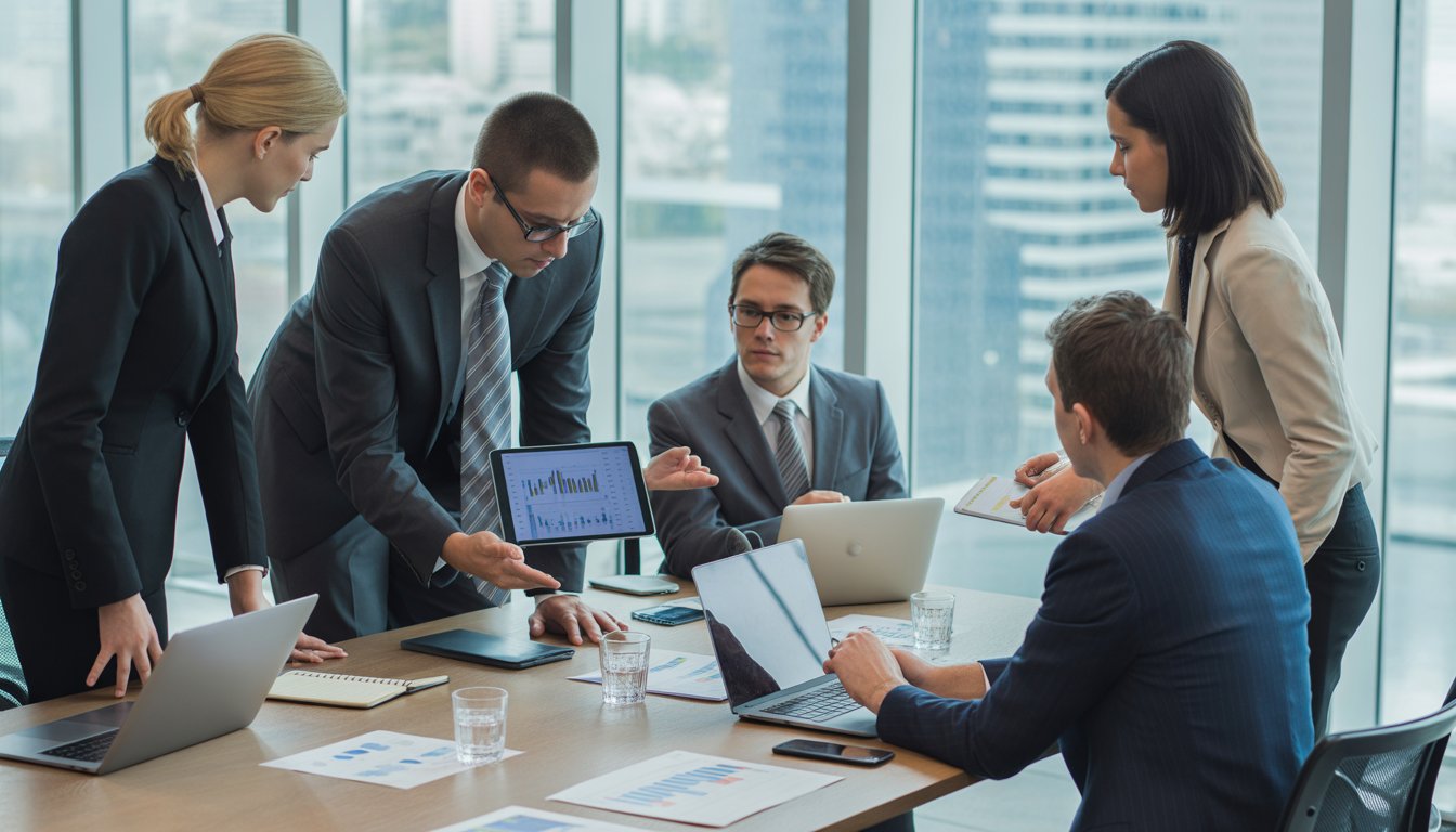 A group of business professionals having a meeting around a conference table with laptops and documents in a modern office.