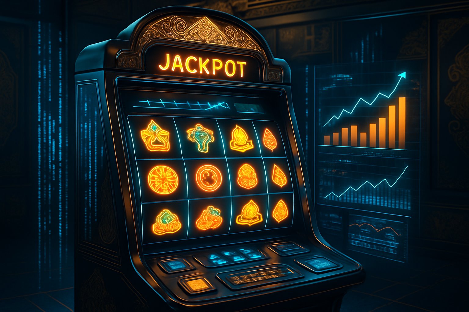 Mesin slot digital futuristik dengan simbol yang bersinar dan grafik data mengambang di ruangan berteknologi tinggi dengan motif budaya Thailand.