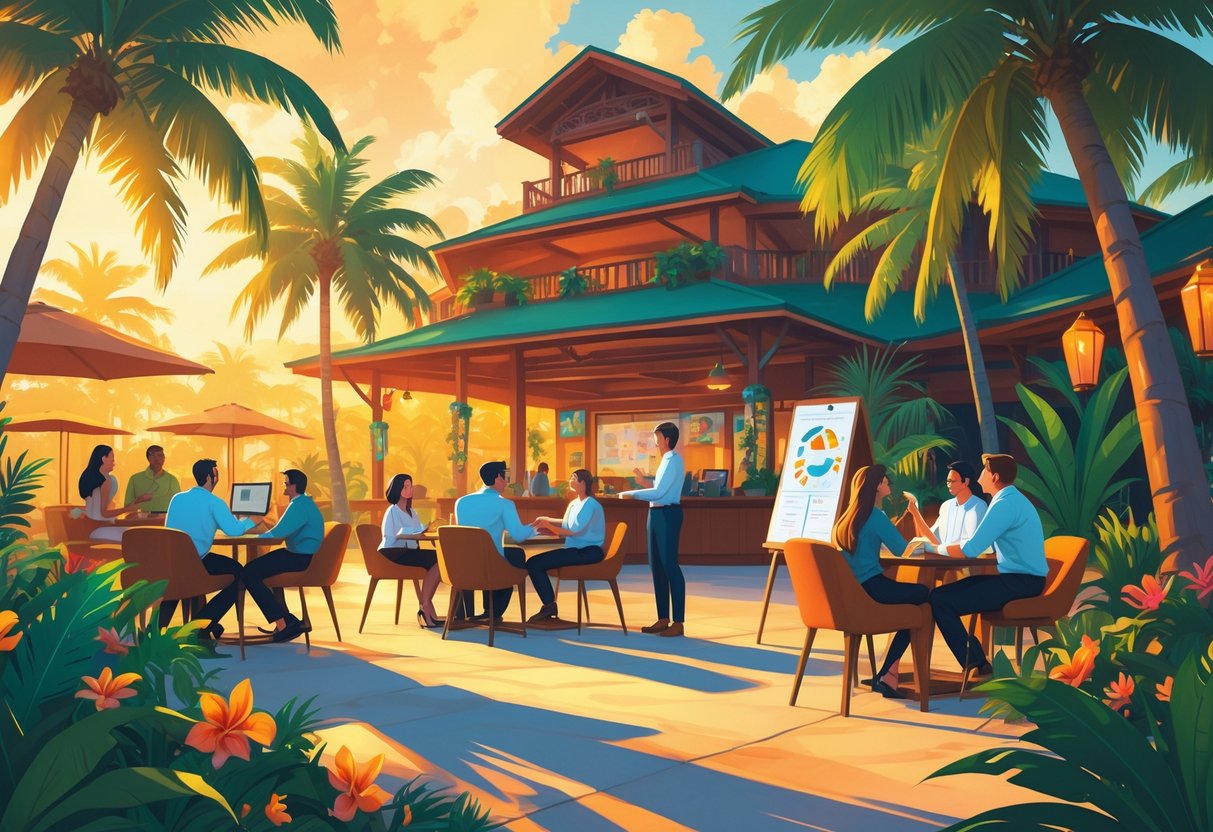 Sekelompok orang sedang berdiskusi dan merencanakan strategi di sebuah lingkungan tropis yang penuh dengan pohon palem dan bunga warna-warni, dengan latar belakang klub tropis yang hangat dan cerah.