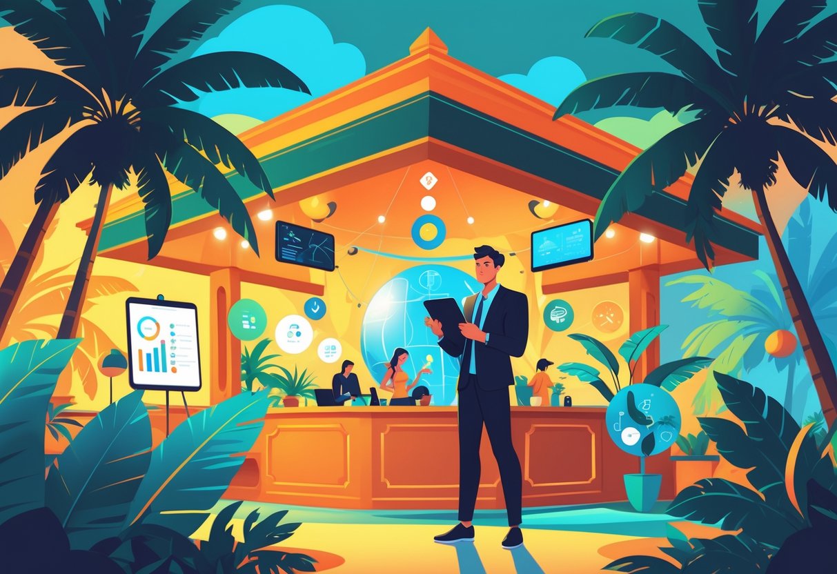 Seseorang sedang merencanakan strategi di sebuah klub tropis dengan pohon palem dan dekorasi tropis di sekitarnya.