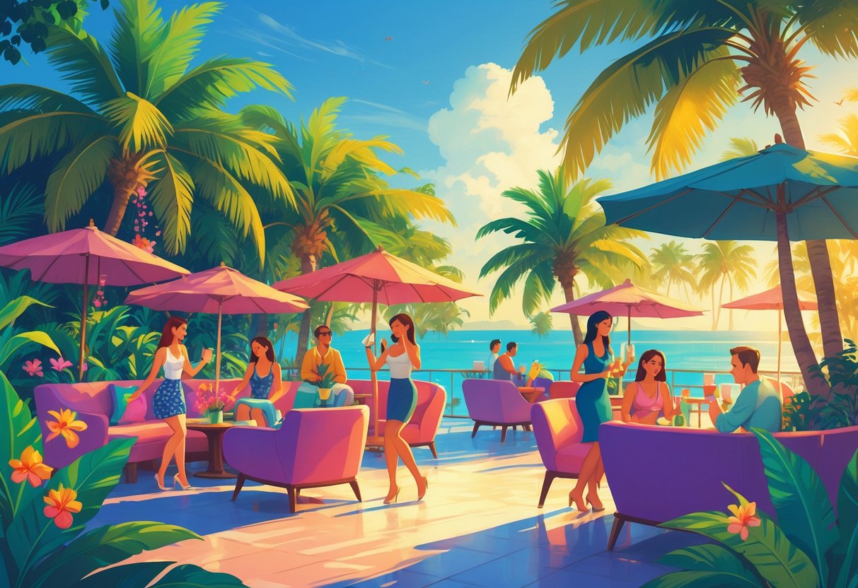 Suasana klub tropis dengan pohon palem, bunga berwarna-warni, orang-orang berpakaian musim panas yang sedang bersosialisasi dan menikmati minuman tropis di bawah sinar matahari yang cerah.