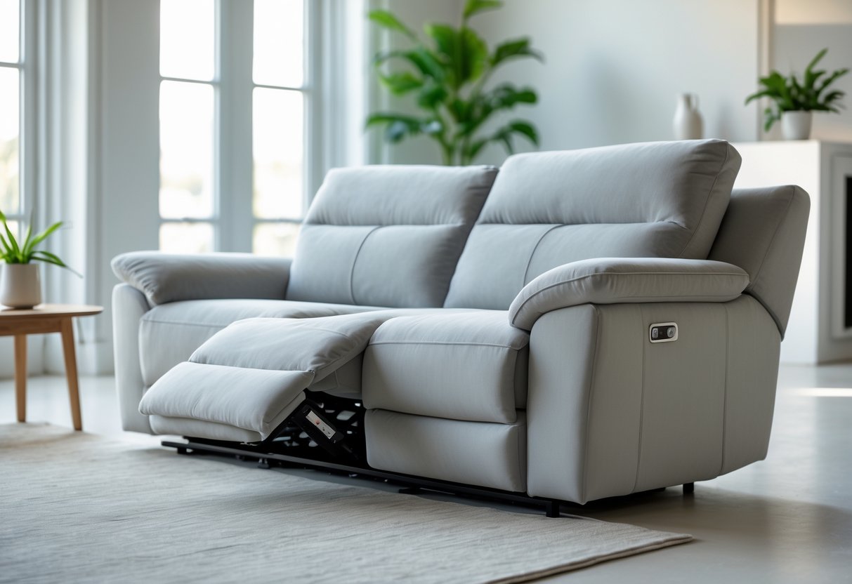 Un canapé électrique moderne partiellement incliné dans un salon lumineux avec une table basse en bois et une plante.