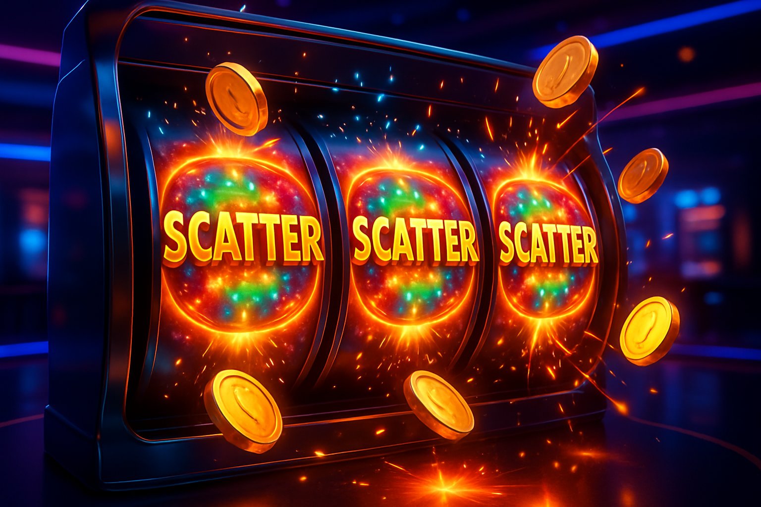 Gambaran mesin slot modern dengan simbol Scatter yang menyala dan efek visual yang menunjukkan fitur putaran gratis sedang aktif.