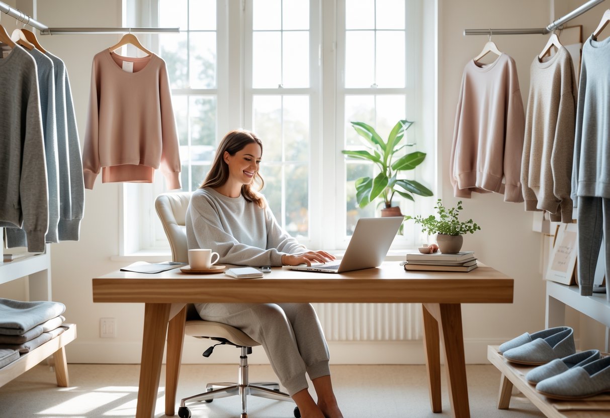 A person working at a desk surrounded by cozy loungewear items in a bright home office.