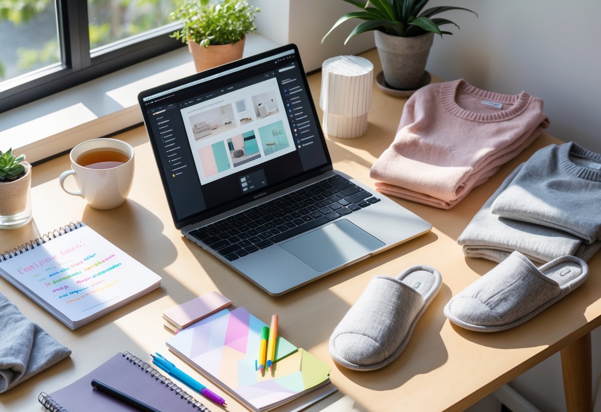 A workspace with a laptop, cozy loungewear items, a notebook, and a cup of tea on a wooden desk near a sunlit window.