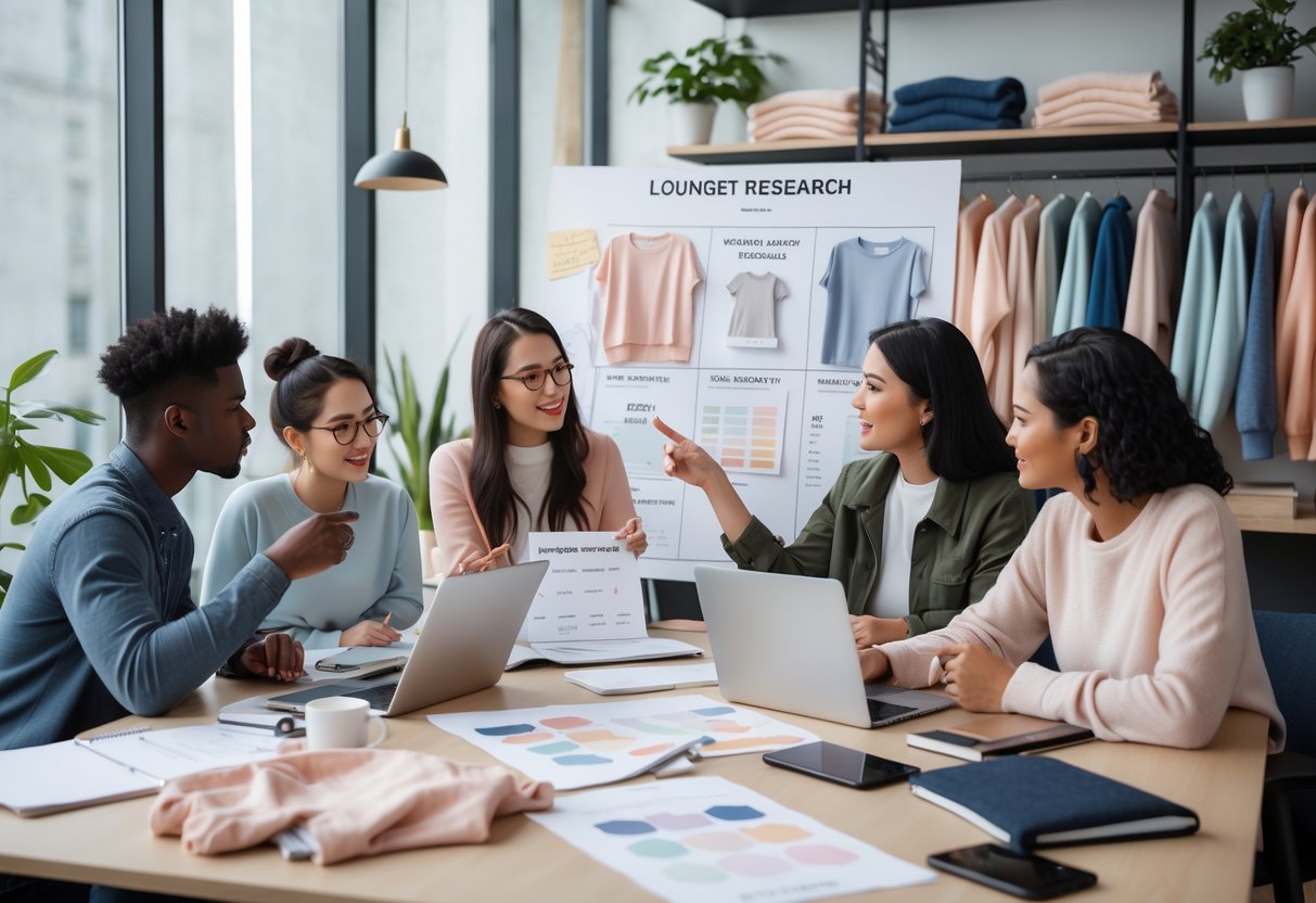 A group of young professionals working together at a desk with laptops, charts, and fabric samples, discussing ideas for a loungewear business.