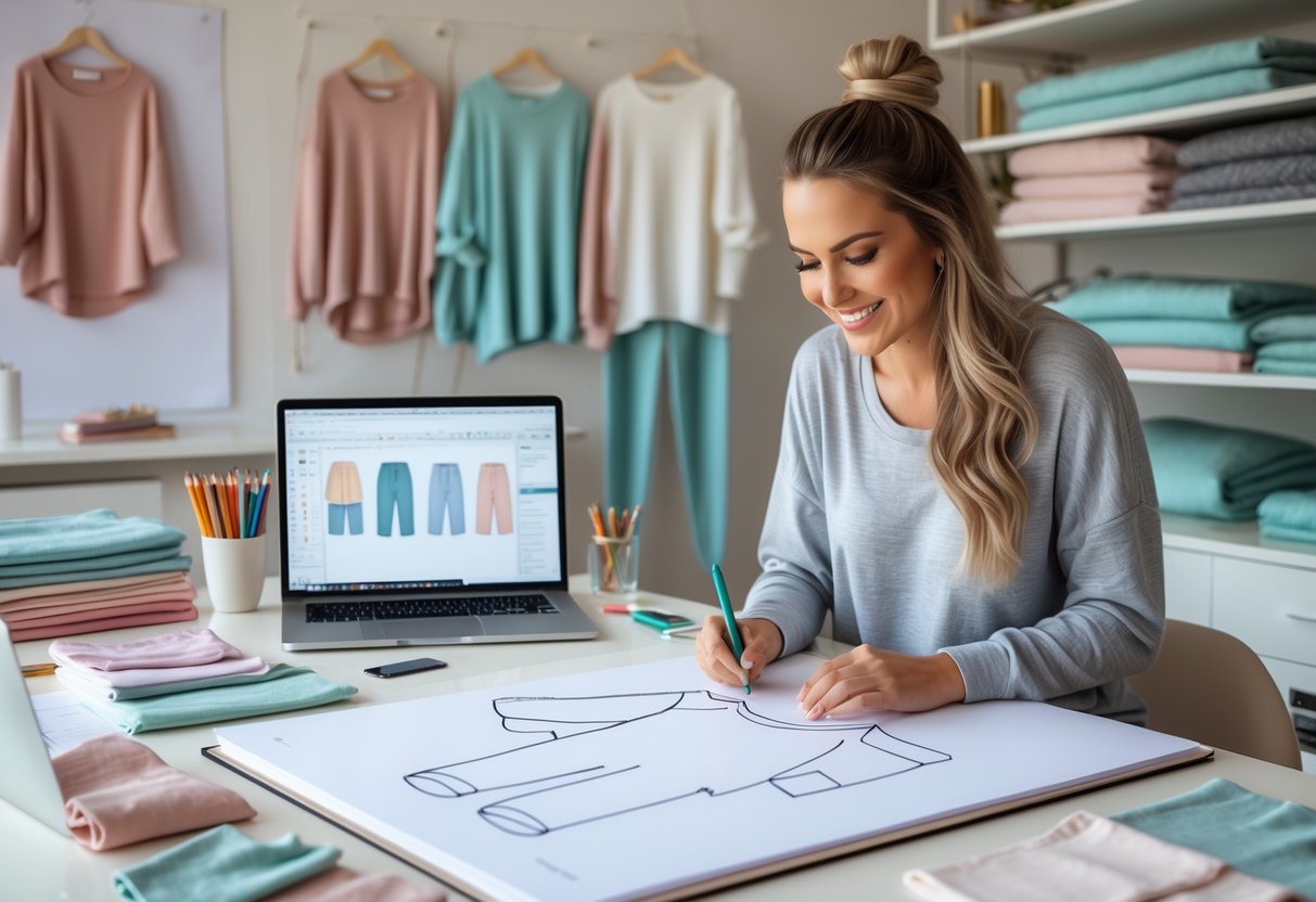 A woman sketching loungewear designs at a desk with fabric samples and a laptop in a bright workspace.