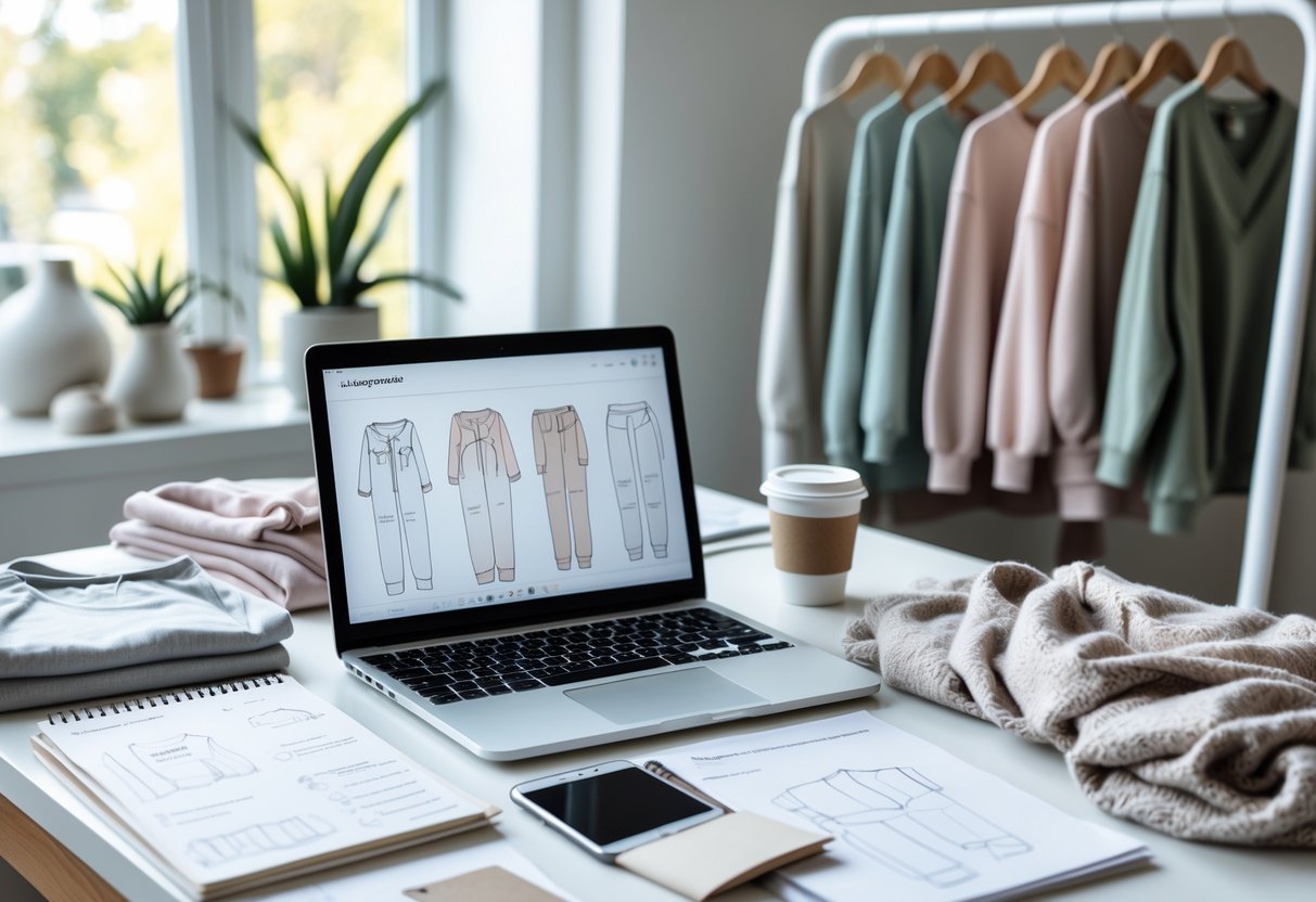 A workspace with a laptop showing clothing designs, fabric swatches, a notebook, coffee, and a clothing rack with loungewear garments in a bright room.