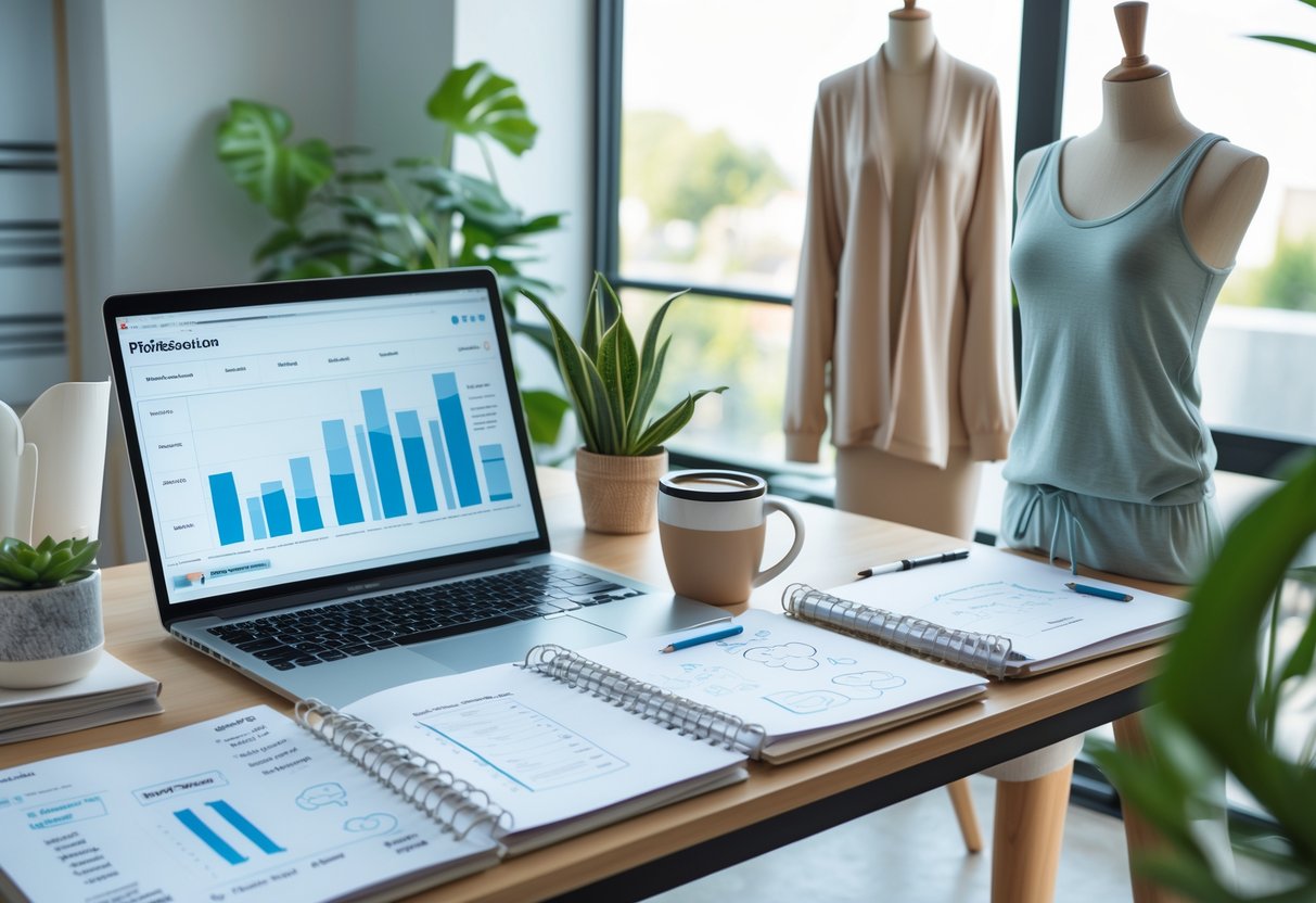 A bright workspace with a laptop, notebooks, coffee cup, and a mannequin wearing loungewear, suggesting planning for a clothing business.