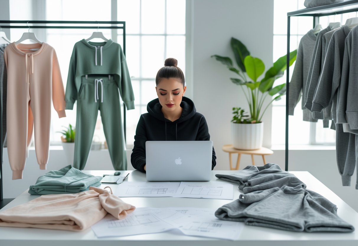 A person working at a desk surrounded by cozy loungewear items in a bright, modern workspace.