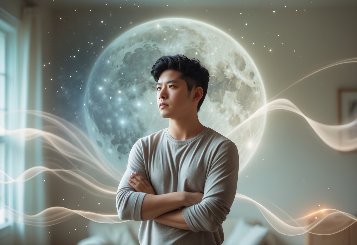 A young adult standing thoughtfully with a cosmic background of stars and Pluto, surrounded by abstract light and shadow patterns representing emotional depth.