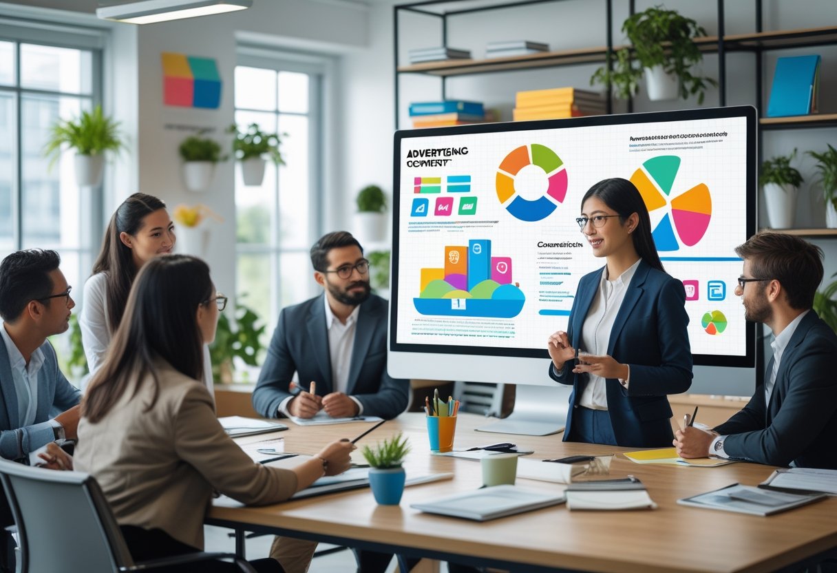 Menschen in einem modernen Büro arbeiten gemeinsam an einer Werbekampagne mit einem großen Bildschirm und Grafiken.