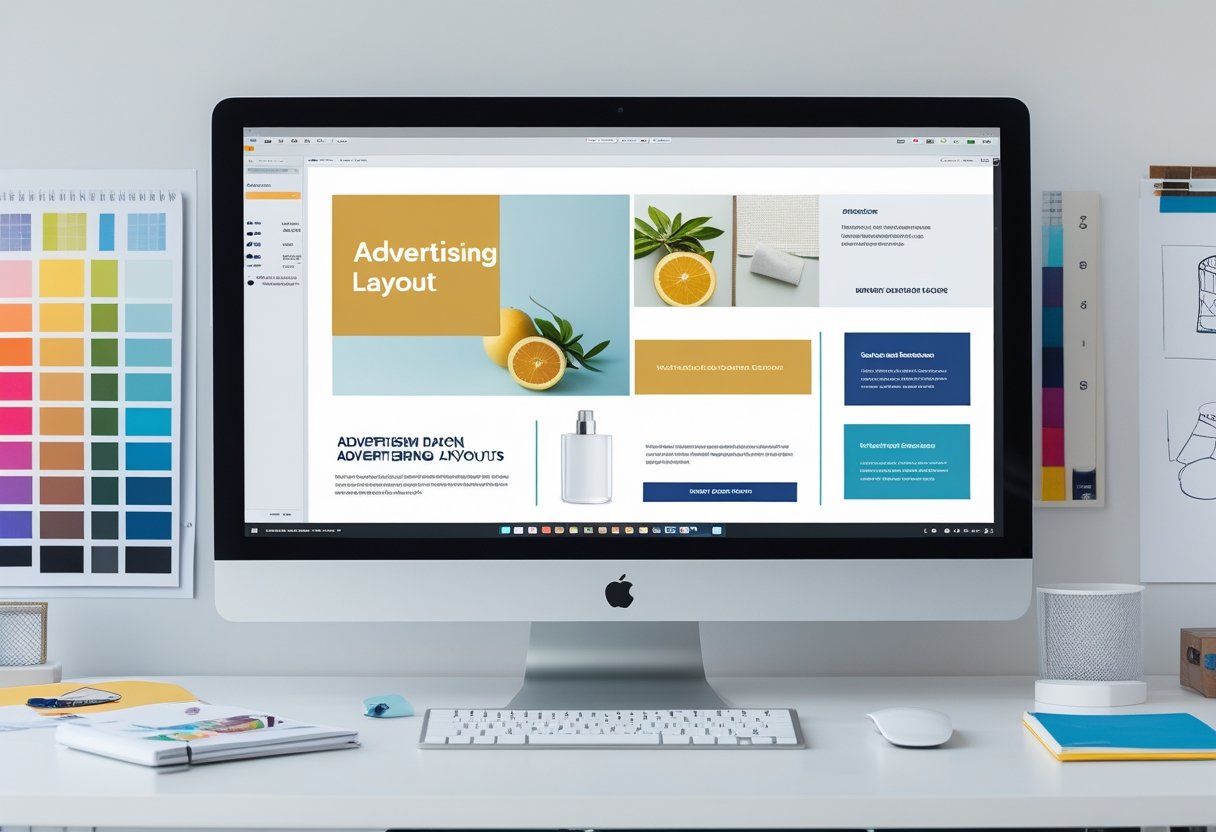 Ein moderner Arbeitsplatz mit einem Computerbildschirm, der das Layout einer Werbeanzeige mit verschiedenen Bereichen wie Bild, Überschrift und Handlungsaufforderung zeigt.