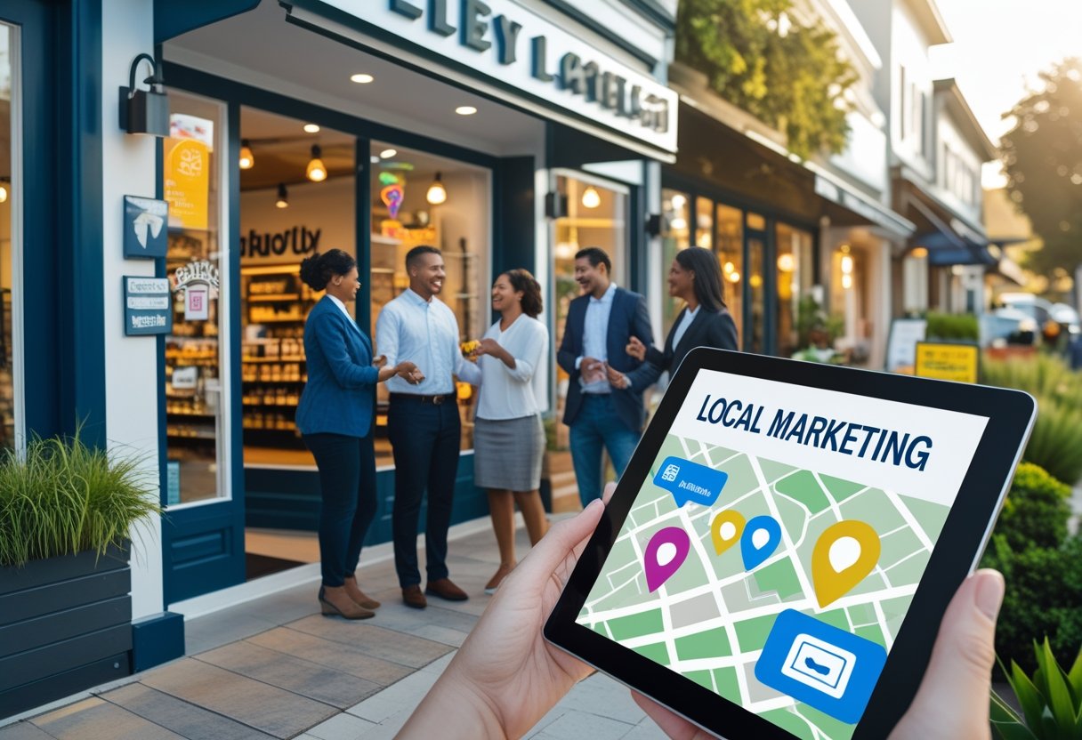 Ein kleines Geschäft in einer belebten Nachbarschaft mit Menschen, die sich vor dem Laden freundlich unterhalten, und einem Smartphone, das eine Karte mit Standortmarkierungen zeigt.